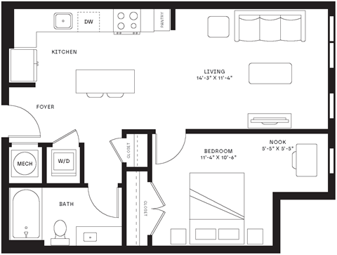 Floor plan for 1 bed, 1 bath, 681 sqft